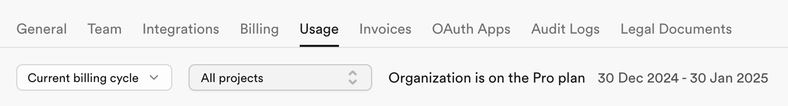 Usage page navigation bar